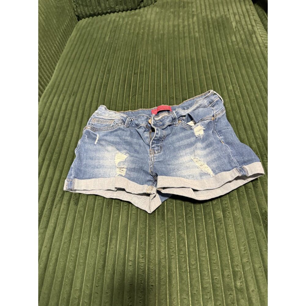Light Wash Distressed Denim Shorts — Cuffed Hem, Low Rise, Ripped Detail